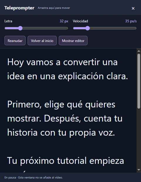 Teleprompter real: guion de ejemplo con tamaño de letra, velocidad, reanudar y volver al inicio.