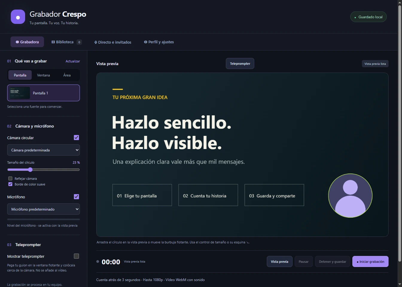 Interfaz real de la grabadora con selección de fuente, cámara circular, micrófono y vista previa de una presentación.